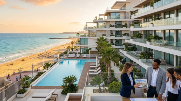 Representación de un moderno complejo residencial de lujo de obra nueva frente al mar Mediterráneo, con piscina infinita y terrazas. En primer plano, personas revisando planos inmobiliarios en una tableta sobre una mesa, simbolizando la compra sobre plano cerca de la playa.