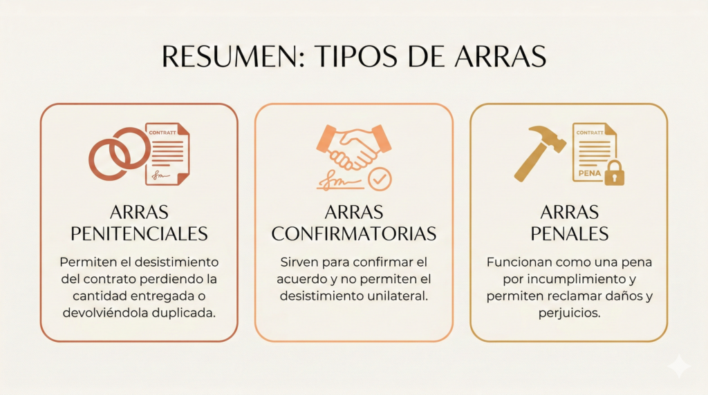 Infografía resumen de los 3 tipos de contrato de arras en España: penitenciales, confirmatorias y penales.