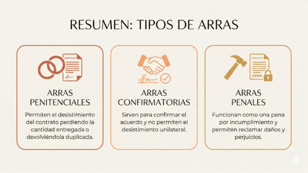 Infografía resumen de los 3 tipos de contrato de arras en España: penitenciales, confirmatorias y penales.