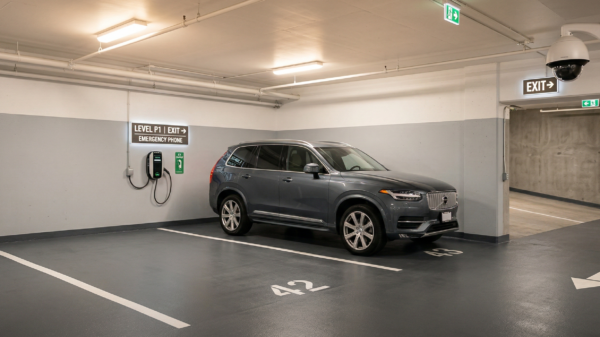 Coche moderno aparcado de forma segura en una plaza de garaje subterránea bien iluminada con punto de recarga eléctrico.