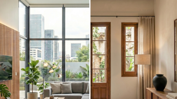 Comparativa de diseño de interiores entre una vivienda de obra nueva con grandes ventanales y una vivienda reformada con vigas de madera y estilo rústico moderno.